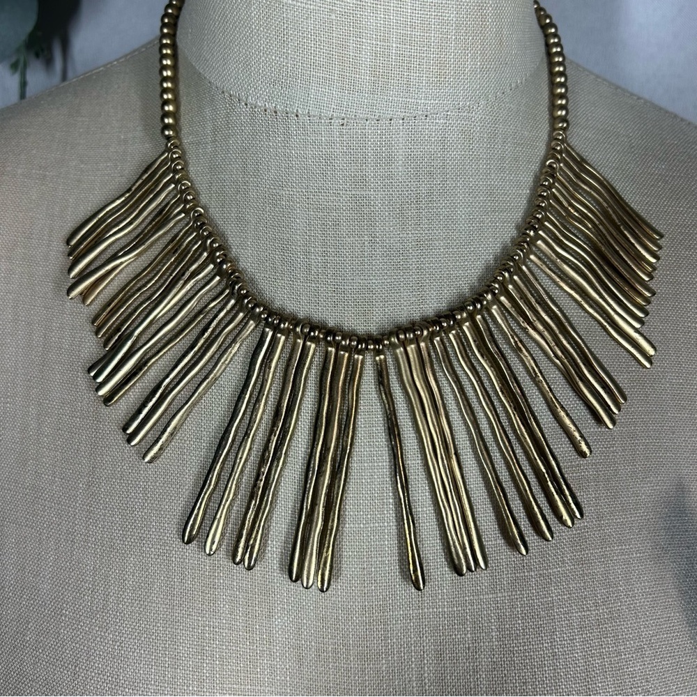 Brass Fringe Tribal Spike Statement Necklace Gold Beads Women’s